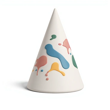 A cone-shaped artist's palette, featuring a smooth, textured surface. The palette is splattered with various bright colors including vivid red, deep blue, sunny yellow, and vibrant green. The colors are randomly distributed, creating a lively and chaotic appearance as they blend into each other. The cone stands upright with a slight shadow beneath, highlighting its three-dimensional form. The background is simple and neutral, ensuring that the focus remains on the colorful palette.