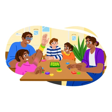 A family gathered around a wooden table playing a colorful board game. There are four family members, including a father with glasses and a mother with curly hair, both smiling. A young boy with a striped shirt is reaching for a game piece while a girl with pigtails is laughing. The table is covered with game pieces, dice, and vibrant cards. In the background, there are playful decorations on the wall and sunlight streaming in through a nearby window.