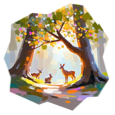 A dense forest scene filled with towering ancient trees, their gnarled trunks and sprawling branches creating a natural canopy overhead. Amongst the foliage, vibrant honeysuckle vines gracefully weave through the branches, with clusters of yellow and white flowers blooming. Sunlight filters through the leaves, casting dappled shadows on the forest floor, which is carpeted with rich green moss and fallen leaves. Small woodland creatures, such as a curious deer and a pair of rabbits, can be seen quietly observing from the underbrush, adding life to the tranquil setting.