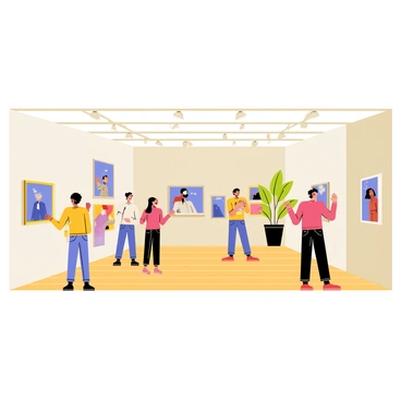 An art gallery interior featuring multiple walls adorned with various illustrations in vibrant colors and styles. The gallery has a polished wooden floor and soft lighting, emphasizing the artwork displayed. A group of visitors, diverse in age and ethnicity, is scattered throughout the space, some standing close to the walls, intently examining the pieces, while others are engaged in conversation. A tall potted plant is positioned in one corner, adding a touch of greenery to the scene.