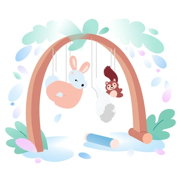 A baby gym is set up in a lush forest environment filled with various shades of green. The structure of the gym is made of natural wood, arching overhead are soft fabric toys hanging down. Among these toys, there is a plush deer with soft fur and a fluffy tail, and a cuddly squirrel with a bushy tail. Surrounding the gym are scattered leaves and small logs, creating a playful atmosphere. Dappled sunlight filters through the tree canopy above, casting gentle shadows on the ground beneath the gym.