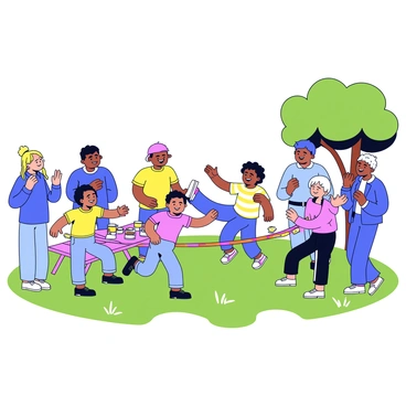 A backyard scene featuring a family gathering. A group of children is attempting to limbo under a colorful limbo stick. They are smiling and focused as they bend backward. Several adults are gathered around, clapping and cheering enthusiastically, creating an atmosphere of excitement. The backyard is adorned with green grass and a few trees providing shade. A picnic table nearby is set with snacks and drinks, adding to the festive environment.
