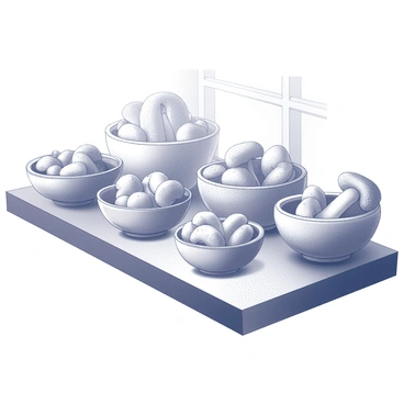 A kitchen countertop with multiple bowls arranged in an organized manner. Each bowl contains a different variety of mushrooms, showcasing a range of shapes and sizes. Some mushrooms are small and slender, while others are larger and rounder. The countertop has a textured surface, with subtle details that suggest a well-used space. Natural light filters in from a window, casting soft shadows across the bowls, enhancing the earthy tones of the mushrooms.