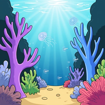 A magical underwater forest filled with vibrant coral structures resembling trees. The corals vary in color, showcasing shades of purple, blue, and green. Transparent jellyfish with glowing tentacles drift gracefully among the coral branches. Sunlight filters through the water's surface, casting shimmering patterns on the sandy ocean floor. Tiny fish swim around the corals, adding movement to the scene. A sense of wonder permeates the underwater landscape, inviting viewers to explore its enchanting depths.