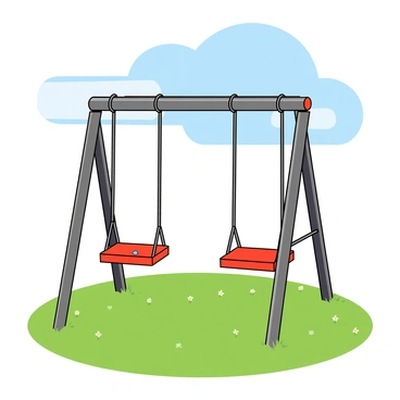 A swing set with bright red seats and metal chains stands in an open grassy area. The swing set is sturdy and painted in cheerful colors, with two swings hanging from it. One of the seats has a single clear teardrop resting on its surface, glistening in the sunlight. The grass underneath is a vibrant green, dotted with small wildflowers. The surrounding area is free of any children, creating a quiet atmosphere. The sky above is a clear blue with a few fluffy white clouds drifting by.