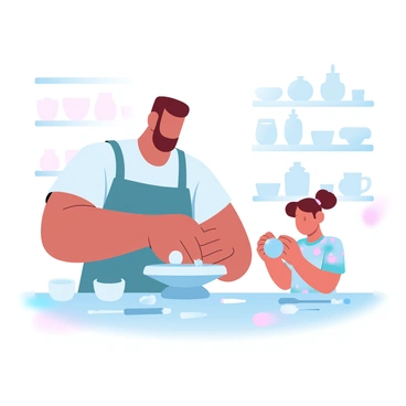A father with short hair is sitting at a pottery wheel, shaping a piece of clay with both hands. He is wearing an apron over a casual t-shirt. Next to him, a child with pigtails is eagerly watching and holding a small ball of clay. The child is wearing a colorful shirt and has their hands covered in clay. Various pottery tools are scattered on the table in front of them, along with several unfinished clay pieces. Behind them, shelves filled with completed pottery items are visible.