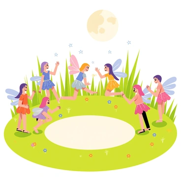 A gathering of small, colorful faeries with delicate wings is positioned around a glowing circle of light in a lush green meadow. The faeries have various shades of hair, ranging from deep purple to bright pink, and they wear shimmering dresses made of leaves and flower petals. Each faerie is engaging in playful activities, such as dancing, laughing, and sharing magical sparkles. Above them, a large, bright full moon casts a silvery glow over the scene, illuminating the meadow and creating soft shadows. The grass is dotted with small wildflowers, adding splashes of color to the serene setting. 