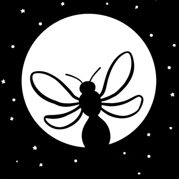 A detailed silhouette of a hornet is positioned prominently against a large full moon. The hornet's wings are outstretched, showcasing its intricate shape. The moon is bright and round, filling the background with a stark contrast. The night sky is filled with numerous small stars scattered around, enhancing the scene's depth. The overall composition emphasizes the hornet's form while creating a dramatic interplay between the insect and the illuminated moon.