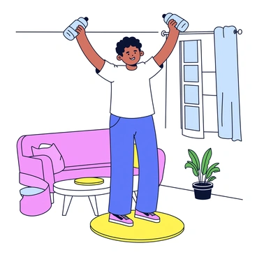 A person is standing with their arms lifted to the sides, performing lateral raises with two clear water bottles as weights. The individual has a focused expression while engaging in the exercise. The cozy living room features a comfortable sofa with soft cushions, a small coffee table, and a warm rug on the floor. Natural light streams in through a nearby window, illuminating the space and casting gentle shadows. A potted plant adds a touch of greenery in one corner of the room.