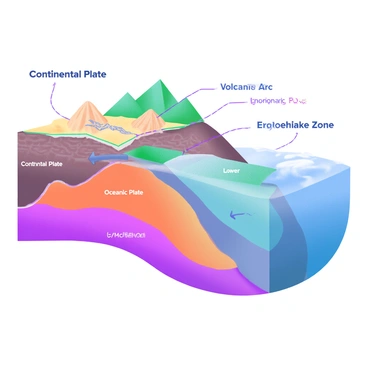 A cross-sectional view of a subduction zone showcasing the interaction between tectonic plates. The upper plate is labeled "Continental Plate" with a textured surface, while the lower plate is labeled "Oceanic Plate," depicted slightly angled downward. The subduction trench is illustrated as a deep, curved line, labeled "Subduction Trench." Surrounding the zone are labeled features, including "Volcanic Arc" represented by a series of peaks, and "Earthquake Zone" marked with lines indicating seismic activity. The ocean is visible in the background with waves gently crashing against the landmass on the upper plate side.