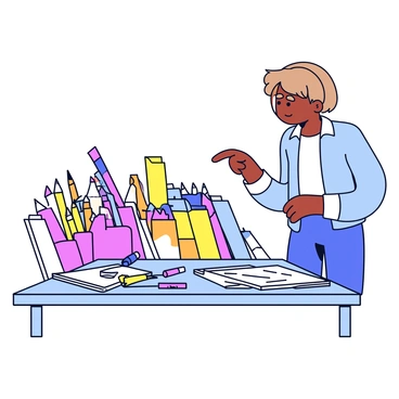An illustration tutor standing beside a table, pointing to various art supplies. The table has a collection of colored pencils, paint tubes, brushes, and sketchbooks arranged neatly. Each item is clearly visible, with labels indicating their names. The tutor is wearing a casual outfit, and there is a notepad with sketches on the table. A warm light illuminates the scene, highlighting the vibrant colors of the art supplies.