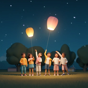A group of children, dressed in a variety of colorful clothing, is standing on a grassy field at night. They are joyfully releasing "colorful lanterns" into the sky. The lanterns are glowing warmly, illuminating the faces of the children, who are smiling with excitement. The night sky is deep blue, dotted with stars, and the silhouettes of trees are visible in the background. Some children are holding the strings of the lanterns, while others are watching as the lanterns ascend. The atmosphere is festive, filled with the anticipation of the night’s celebration.