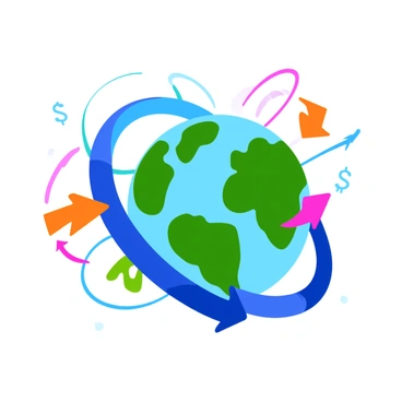 A detailed globe showing the continents and oceans, with vibrant colors to highlight different countries. Surrounding the globe are multiple arrows in various colors, indicating trade routes and connections between regions. Each arrow is directed toward different areas of the globe, illustrating the flow of goods and services. In the background, financial symbols like graphs and currency signs are faintly visible, representing GDP and economic growth. The overall composition emphasizes the interconnectedness of the global economy.