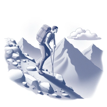 A hiker is climbing a steep mountain trail. The hiker is wearing a backpack and has a determined expression on their face. The trail is narrow and winding, with rocky outcrops and patches of vegetation on either side. The surrounding mountains rise steeply, showcasing their rugged textures. The hiker's boots are digging into the earth, and their hands are gripping the straps of the backpack for support. Clouds drift above, hinting at the altitude of the journey.