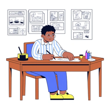 A vintage wooden desk with a polished surface, featuring an ink well and a quill pen. A traditional cartoonist, wearing round glasses and a striped shirt, is sitting at the desk, focused on a piece of paper. He is sketching black-and-white comic strips with a pencil. The desk is cluttered with various drawing tools, including markers and erasers. Behind him, there is a wall covered with pinned sketches and comics, showcasing his creative work.