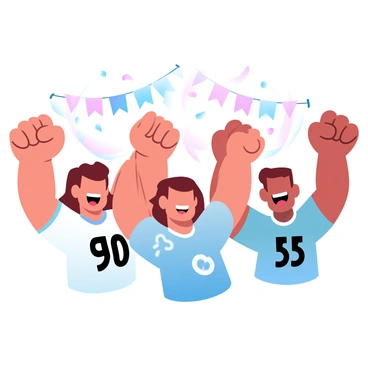 A group of cheerful mascots shaped like thumbs is standing together, each with vibrant colors and playful designs. They are wearing sports jerseys in the team's colors, with distinct numbers on each. The thumbs are raised high in a gesture of cheer, surrounded by confetti falling from above. The background features banners displaying the team's logo, creating an energetic atmosphere. Each mascot has a unique pattern on their jersey, adding to the festive vibe.