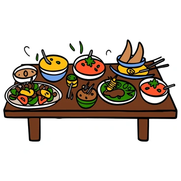 A large wooden table is set with an array of traditional Arabic dishes. Various colorful plates are filled with vibrant foods, including yellow rice, red stews, and green salads. The dishes are garnished with fresh herbs and aromatic spices. Small bowls of hummus and baba ganoush are placed beside warm pita bread. There are skewers of grilled meat, with juicy pieces resting over a bed of grilled vegetables. The setting is inviting, highlighting the rich textures and colors of the food.