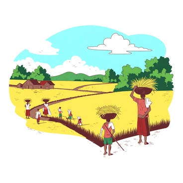 A yellow landscape of golden paddy fields stretches across the scene in a Kerala village. Several farmers are seen working diligently, wearing traditional attire, as they tend to the crops. The sky above is bright and clear, filled with a few fluffy white clouds. In the distance, lush green trees frame the edges of the fields, and a small dirt path winds through the golden landscape, leading towards a cluster of rustic village houses. The farmers are engaged in various activities, some are harvesting the paddy, while others are transporting bundles on their heads.