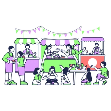 A bustling food fair scene is filled with various stalls featuring diverse cuisines. On one side, there is a stall selling tacos, with colorful decorations and a chef preparing fresh ingredients. Next to it, a bright red stall offers sushi, where a sushi chef rolls the rice and fish. In the center, a large table displays an assortment of desserts, including pastries and cakes artfully arranged. People of different ages and backgrounds are gathered around, some holding plates filled with food, while others are seated at small tables laughing and enjoying their meals. The atmosphere is lively, with people chatting and children excitedly pointing at the food offerings.