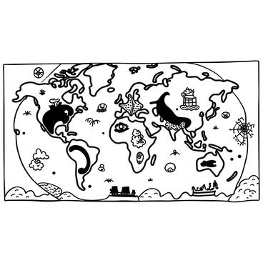 A world map featuring various continents and islands, with intricate borders and labels. The oceans are filled with mythical creatures such as a large kraken with its tentacles visible, a graceful mermaid swimming near a coral reef, and a dragon soaring above the waves. Each creature is depicted in a dynamic pose, adding movement to the water. The map includes detailed compass roses and ships sailing across the seas, enhancing the sense of adventure.