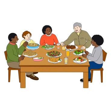 A multicultural family gathered around a large wooden dining table. The family includes a father with dark hair and medium skin, a mother with curly hair and light skin, and two children, one with black hair and the other with brown hair. They are smiling and engaged in conversation. On the table, there are several dishes representing various cuisines, such as a steaming bowl of pasta, a colorful vegetable stir-fry, a platter of sushi, and a fresh salad with vibrant ingredients. Everyone has a plate in front of them, and there are glasses of water and sparkling juice. The atmosphere is lively, with everyone enjoying the diverse meal together.