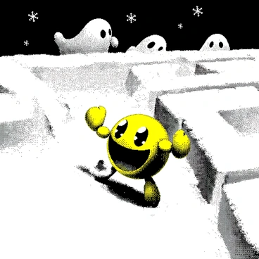 A yellow circular character with a mouth, resembling "Pac-Man," is navigating through a maze made of white snow. The walls of the maze are formed by large snowdrifts, with individual snowflakes floating through the air. In the maze, there are three frosty ghosts, depicted as semi-transparent figures, swirling around with a misty appearance. The ground is blanketed in fresh snow, and the scene captures the character's movement as it moves forward, ready to munch on imaginary pellets hidden within the snowy environment.