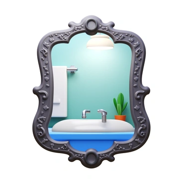 A 3D icon of an intricately framed mirror with ornate carvings along its edges. The mirror features unique artwork depicting floral patterns and geometric shapes. It reflects a bathroom scene that includes a white porcelain sink, a chrome faucet with running water, and a large bath towel hanging on a rack. A potted plant sits on the bathroom counter, and soft light from an overhead fixture illuminates the space.