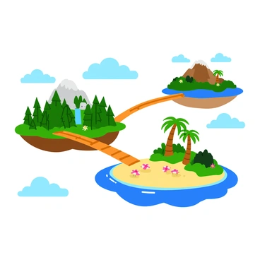 A series of floating islands in the sky, each featuring unique landscapes. The first island is covered in lush green forests with tall, leafy trees and colorful wildflowers. The second island has a mountainous terrain with rocky cliffs and a waterfall cascading down to the lower level. The third island is a sandy beach with palm trees swaying gently in the breeze and a few beach umbrellas scattered around. Each island is connected by wooden bridges that arch elegantly between them, allowing for easy travel. Soft clouds float around the islands, adding to the serene atmosphere.