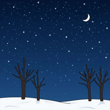 A clear January night sky filled with countless twinkling stars, each shining brightly against the dark blue backdrop. The moon is a crescent shape, casting a soft glow over the scene. In the foreground, several bare trees stand tall, their branches reaching out like fingers against the night sky. The trees are dark silhouettes, contrasting sharply with the brightness of the stars above. The ground below is visible, covered in a light layer of snow that reflects some of the starlight.
