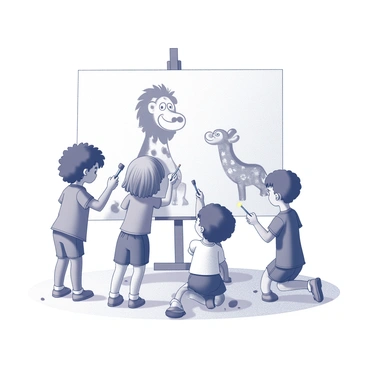 A group of children is gathered around a large canvas in a bright, open space. Each child is focused on painting their favorite zoo animals. One child is painting a "lion" with a fluffy mane, while another is depicting a "giraffe" with a long neck and spots. A third child is creating an image of a "monkey" swinging from a branch. The scene is filled with the dynamic energy of their creativity, as paintbrushes move energetically across the canvas. The floor is splattered with paint, indicating the fun and excitement of the activity.