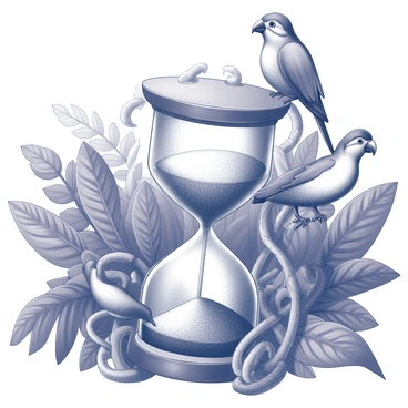 An hourglass in a dense jungle, with vines and exotic birds around it