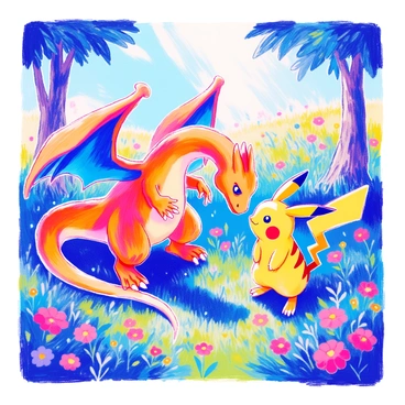 Charizard playfully interacting with Pikachu in a green meadow.