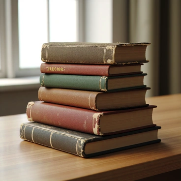 A stack of old, dusty books with worn covers, arranged neatly on a wooden surface. The covers are faded, displaying various shades of brown, green, and red. Some books have frayed edges and creases, while others show signs of age with cracked spines. Dust motes float in the light that filters through a nearby window, adding to the atmosphere of nostalgia and forgotten stories. A few pages are slightly ajar, inviting curiosity about the knowledge contained within.