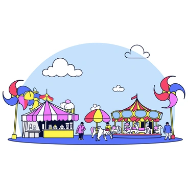A lively fairground scene filled with various attractions. There are colorful stalls selling treats like cotton candy and popcorn. Tall, vibrant pinwheels spin energetically in the breeze, their blades reflecting bright hues of red, blue, and yellow. A carousel with beautifully painted horses revolves in the background. The sky above is clear and bright, enhancing the cheerful atmosphere of the fairground.