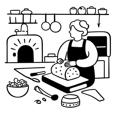 A grandmother lovingly preparing garlic bread in her farmhouse kitchen