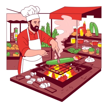 A red chef in a white apron is grilling an assortment of colorful vegetables and pieces of meat over an open fire at an outdoor market. The grill is positioned on a wooden table, and the flames are dancing menacingly beneath the grate. The chef is using a pair of tongs to flip a large zucchini slice, while nearby, skewers of marinated chicken sizzle with juices dripping into the fire. Surrounding the grill are vibrant stalls with fresh produce and spices, adding to the lively atmosphere of the market. The setting sun casts warm light over the scene, enhancing the appetizing colors of the grilled food.