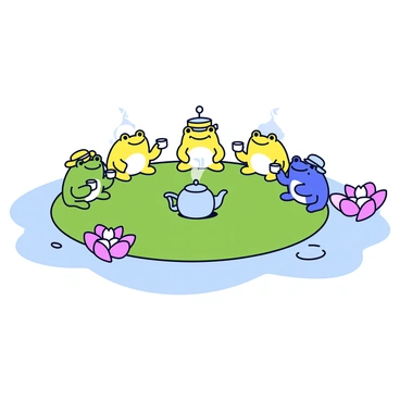 A group of five cute frogs sitting on a large green lily pad. Each frog has a different vibrant color, including bright green, yellow, and blue. They are wearing small hats, and two of them are holding tiny teacups. The lily pad is surrounded by gentle ripples in the water, and a few water lily flowers in pink and white are blooming nearby. A small teapot is placed in the center of the lily pad, with steam curling up from its spout. The scene conveys a cheerful atmosphere of friendship and fun.