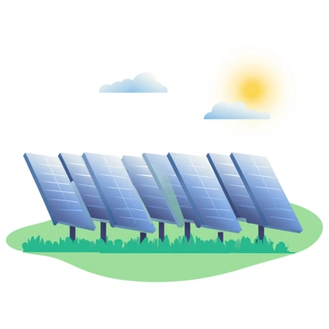 An array of solar panels is arranged in straight rows on a grassy field. The panels have a dark blue surface that reflects the sunlight, creating a gleaming effect. Above them, a bright sky is filled with a few fluffy white clouds, with the sun shining brightly, casting clear shadows on the ground. The green grass surrounding the solar panels is lush and well-maintained, enhancing the vibrant colors of the scene.