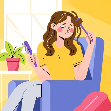 A person with long, wavy brown hair is sitting on a bright blue chair. They are holding a purple hairbrush in one hand while their other hand is gently pulling at a large, tangled knot in their hair. Their face shows a wince of discomfort, with their eyebrows furrowed and eyes squinted. The background features a colorful room with a yellow wall and a potted green plant on a small table beside them. Sunlight streams through a window, casting soft shadows in the space.