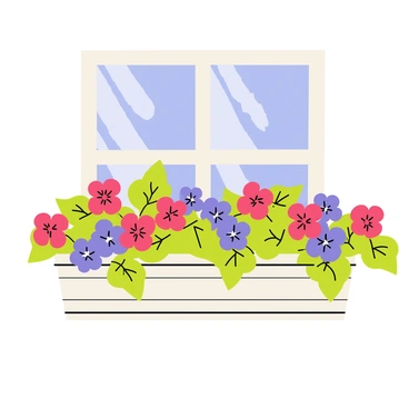 A cottage windowsill adorned with a charming window box filled with vibrant red geraniums and purple petunias. The geraniums have lush green leaves and clusters of bright blossoms, while the petunias showcase their velvety petals in various shades. The wooden window box is painted white, contrasting beautifully with the colorful flowers. A few sunbeams filter through the surrounding greenery, illuminating the flowers and creating a warm, inviting scene.