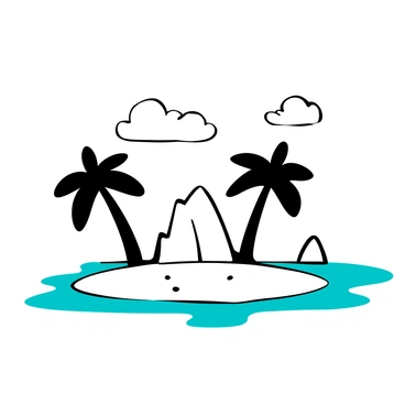A small tropical island with "white sandy beaches" surrounding the shore. "Turquoise waters" gently lapping at the beach. Palm trees with slender trunks and large fronds swaying in the breeze, casting shadows on the sand. In the distance, small rocky formations break the water's surface. A few distant clouds drift lazily in the sky above the island.