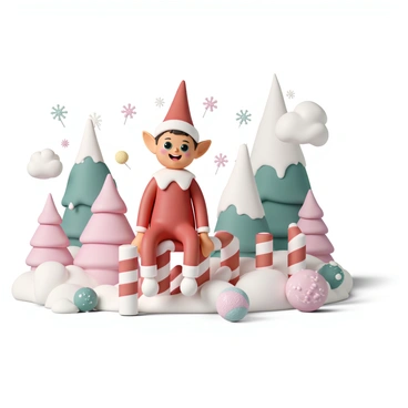 An elf on the shelf, wearing a classic red and white outfit with a pointed hat, is sitting on a vibrant red and white candy cane fence. The elf has a cheerful expression with bright green eyes and rosy cheeks. Surrounding the elf is a whimsical sugary landscape filled with colorful gumdrops, lollipops, and cotton candy clouds. There are sparkling sugar snowflakes falling gently around, and in the background, there are giant candy trees with peppermint bark and chocolate trunks. The overall scene is filled with a sense of joy and holiday magic.