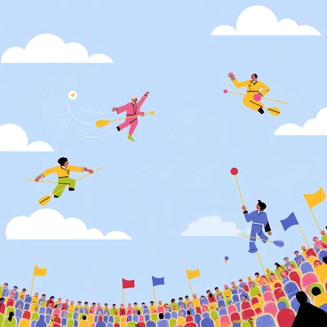 A thrilling Quidditch match takes place in the bright blue sky. Players dressed in colorful robes are flying on broomsticks, darting through fluffy white clouds. A golden snitch glimmers as it zips past, with a seeker closely pursuing it. Two chasers are passing a red quaffle back and forth, while a beater swings a bat to hit a bludger away from their teammates. Spectators fill the stands, cheering passionately, with flags of various houses waving in the wind. The overall scene captures the excitement and action of the game high above.