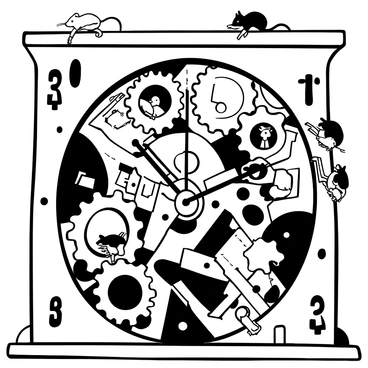 Rats of various sizes are energetically maneuvering inside a giant clock tower. Numerous large gears are visible, interlocking and turning, while intricate mechanisms surround them. Some rats are climbing along the gears, while others are pulling levers or carrying small tools. The interior is filled with shadows and the faint outline of clock faces, with the hands of the clock ticking steadily in the background.