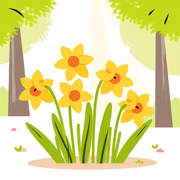A cluster of bright yellow daffodils with trumpet-shaped flowers is growing in a forest clearing. The flowers have green, elongated leaves surrounding them. The background features tall, slender trees with lush green foliage filtering sunlight into the clearing. A soft, earthy ground is visible, covered with patches of green grass and small stones. Some rays of sunlight break through the treetops, casting warm light on the vibrant flowers.