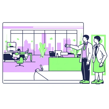 A new hire is receiving a tour of a spacious office environment. The office features large windows allowing natural light to fill the area, showcasing a view of the city skyline. The tour guide, a professional-looking man in business attire, gestures towards various workstations filled with computer monitors and sleek furniture. In the background, there are collaborative spaces with comfortable seating arrangements and plants providing a touch of greenery. A reception area can be seen with a modern front desk, and the walls are adorned with artwork that adds character to the office.