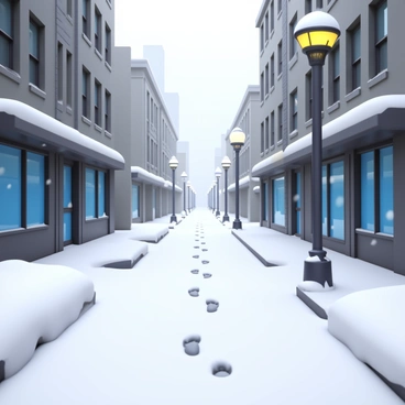 A deserted city street covered in thick layers of fresh, white snow. Snowflakes fall heavily from a gray, overcast sky, while gusty winds blow the snow across the pavement. Empty storefronts line the street, their windows frosted and reflecting the cold atmosphere. Streetlights stand tall, their beams illuminating the swirling snowflakes around them. Distinctive footprints are visible in the snow, leading off into the distance. Snowdrifts accumulate against the bases of buildings, creating a wintry scene of stillness and isolation.