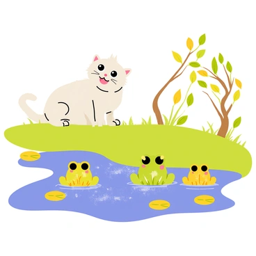 A cartoon-style illustration of a small, fluffy mog sitting on a grassy bank. The mog has large, curious eyes and perky ears. It is intently watching colorful frogs jumping around a shimmering pond. The pond has sparkling blue water with lily pads floating on the surface. The frogs are various shades of green and yellow, with some having bright patterns on their backs. In the background, there are trees with vibrant, leafy branches and a clear sky above, adding to the magical atmosphere of the scene.