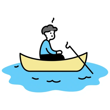 A person is sitting in a small boat, which is made of wood and has a simplistic design. The person is wearing a light blue shirt and black pants, looking contemplative. Surrounding the boat is an ocean depicted with varying shades of blue, simulating tears with small, gentle waves. The surface of the water glistens, reflecting light in a minimalistic way. The boat is centered in the image, emphasizing the vastness of the water around it.