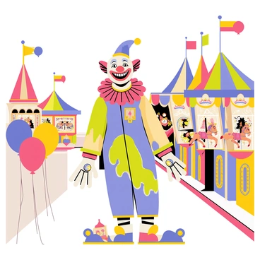 A sinister clown with exaggerated features stands lurking among vibrant attractions at a colorful carnival. The clown has a wide, eerie grin, bright red lips, and large, bulging eyes. Its colorful costume is a patchwork of mismatched patterns, incorporating shades of purple, yellow, and green. Balloons in various colors float nearby, and a carousel with intricately painted horses spins in the background. Brightly lit game stalls with prizes line the carnival path, creating a stark contrast to the clown's ominous presence.